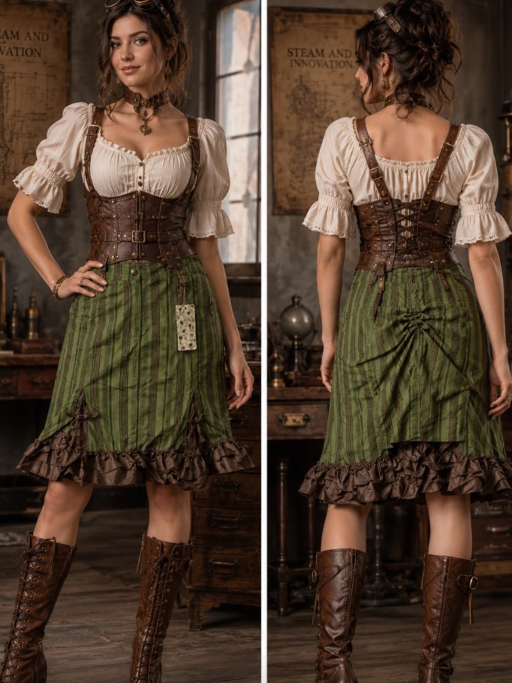 Sugar Lips| Midi Skirt Steampunk Gothic Victorian Zippered Pockets